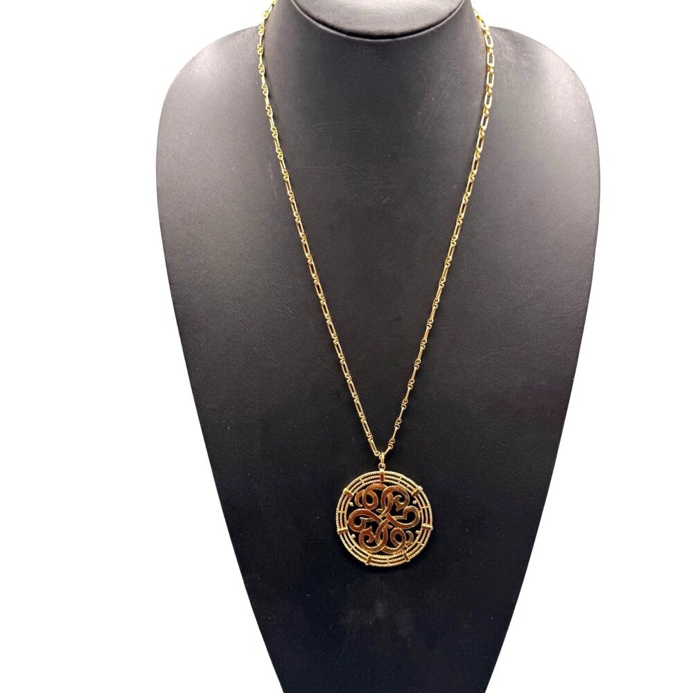Vintage Necklace Medallion Pendant Filigree Scroll Statement Gold Tone 24 inches